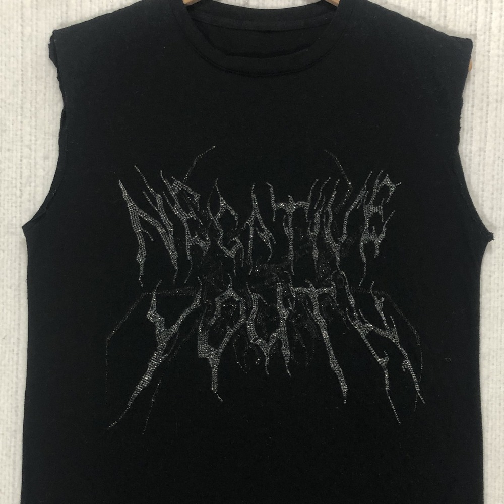 Negative Youth Black Sleeveless‎ Graphic T-Shirt Metal Font Rhinestone Cut Off